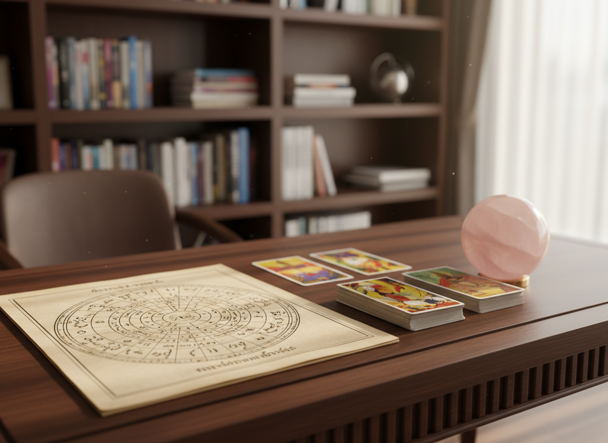 A refined Thai astrology consultation desk without any people, featuring an open traditional Thai horoscope chart on aged cream paper, intricate red and gold glyphs arranged in circular patterns. Beside it lies a well-worn tarot deck with detailed, mystical illustrations and a polished rose quartz sphere reflecting subtle highlights. The desk is a dark teakwood surface with delicate carved edges, set in front of a softly blurred background of organized bookshelves filled with astrology and energy-healing volumes. Warm, diffused afternoon light from an unseen window creates gentle shadows and a calm, sophisticated atmosphere. Photographic realism, eye-level composition with shallow depth of field, emphasizing clarity and elegance suitable for a modern, high-end spiritual consultancy brand.