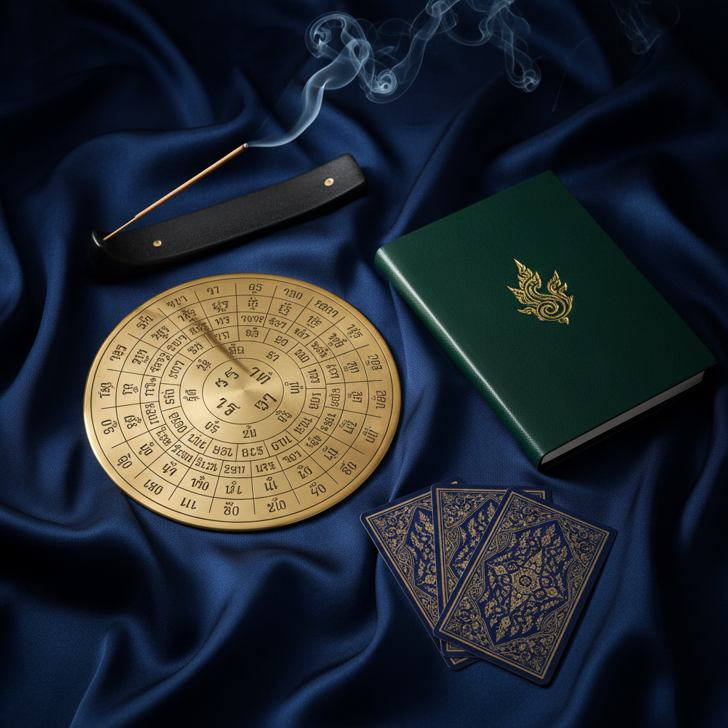 An elegant flat-lay composition of Thai horoscope tools arranged on a midnight-blue silk cloth, including a brass astrological calculation plate with engraved Thai numerals, a leather-bound notebook with a gold-embossed logo, and three neatly stacked tarot cards showing only intricate backs in deep indigo and metallic gold. A lit sandalwood incense stick in a minimalist ceramic holder releases a faint wisp of smoke that drifts across the frame. Soft, directional studio lighting from the left creates luxurious highlights on metal and silk textures, with velvety shadows for depth. The mood is serene, mysterious, and sophisticated, with photographic realism and high detail, ideal for representing a premium, contemplative guidance service.